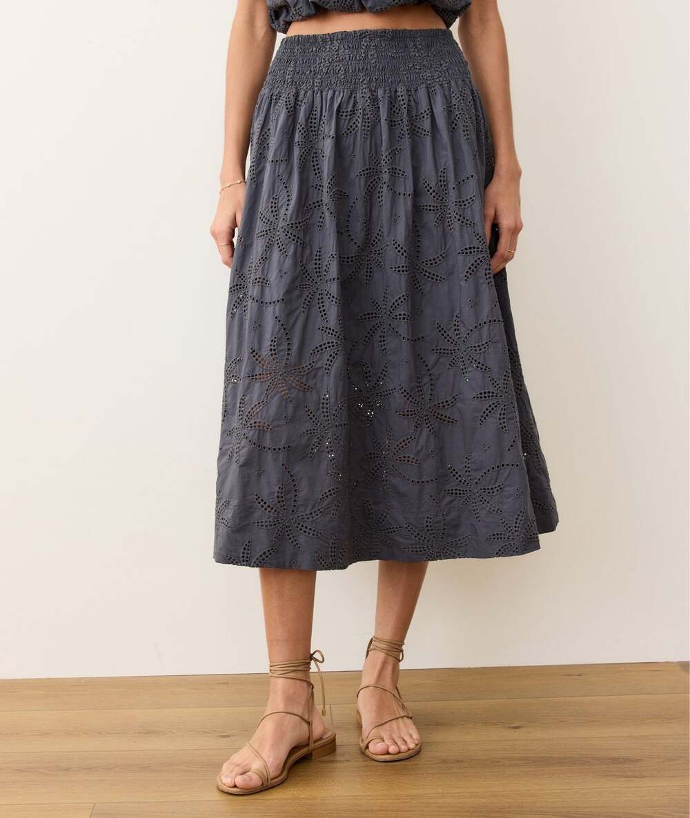 Marine Layer Bea Eyelet Midi Skirt Gray Pima Cotton Smocked Waist Boho Coastal